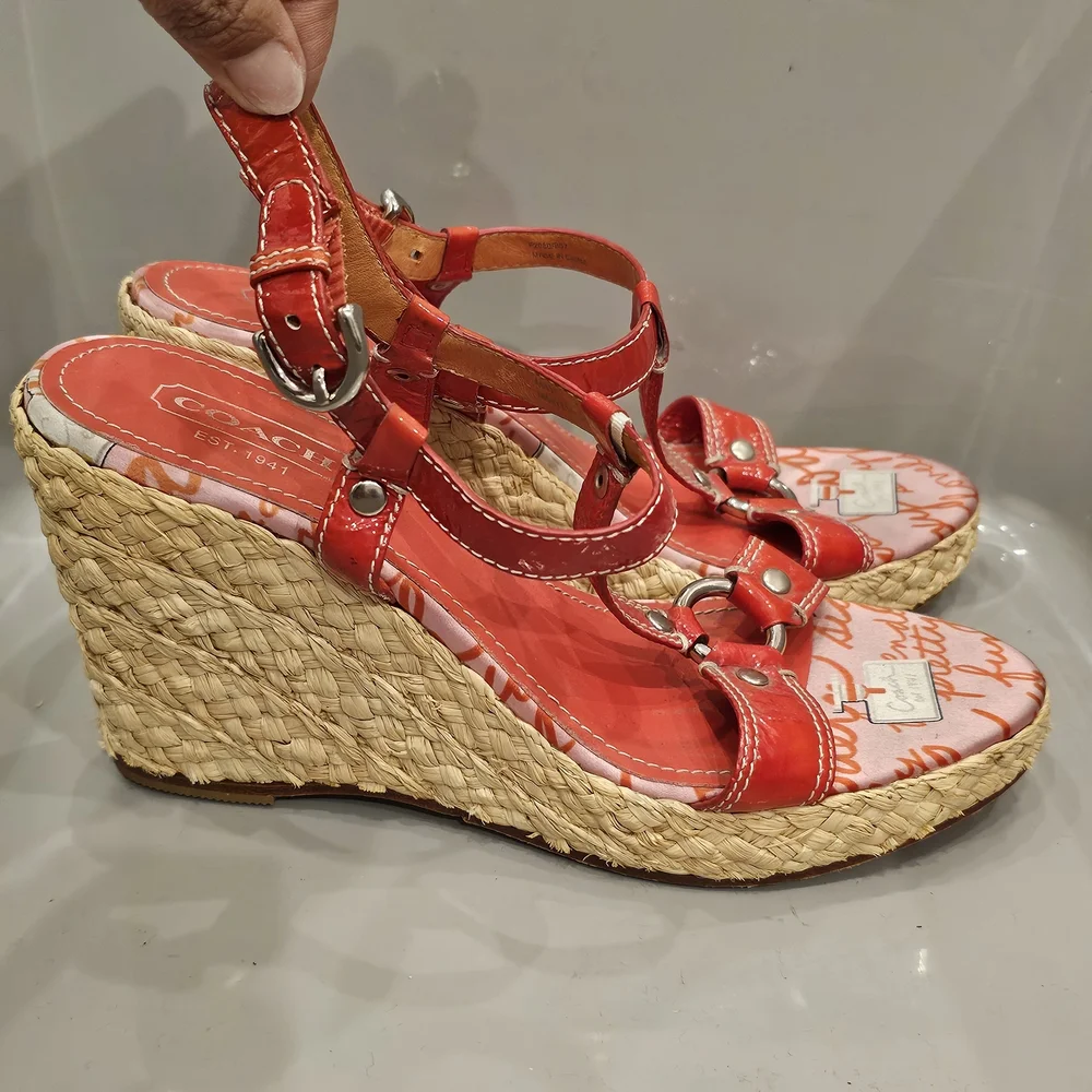 COACH Red Wedge Espadrille Sandals